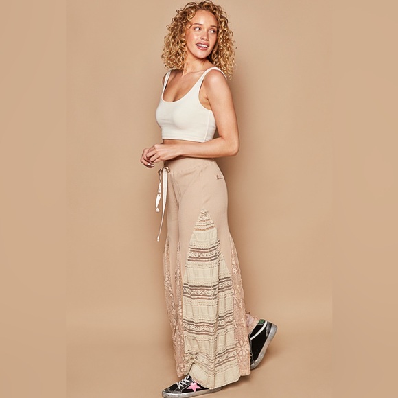 339. POL LAST 1! Wide Leg Pant & Lace Dress Top Tan Pull On Drawstring 2 Piece - Picture 5 of 6